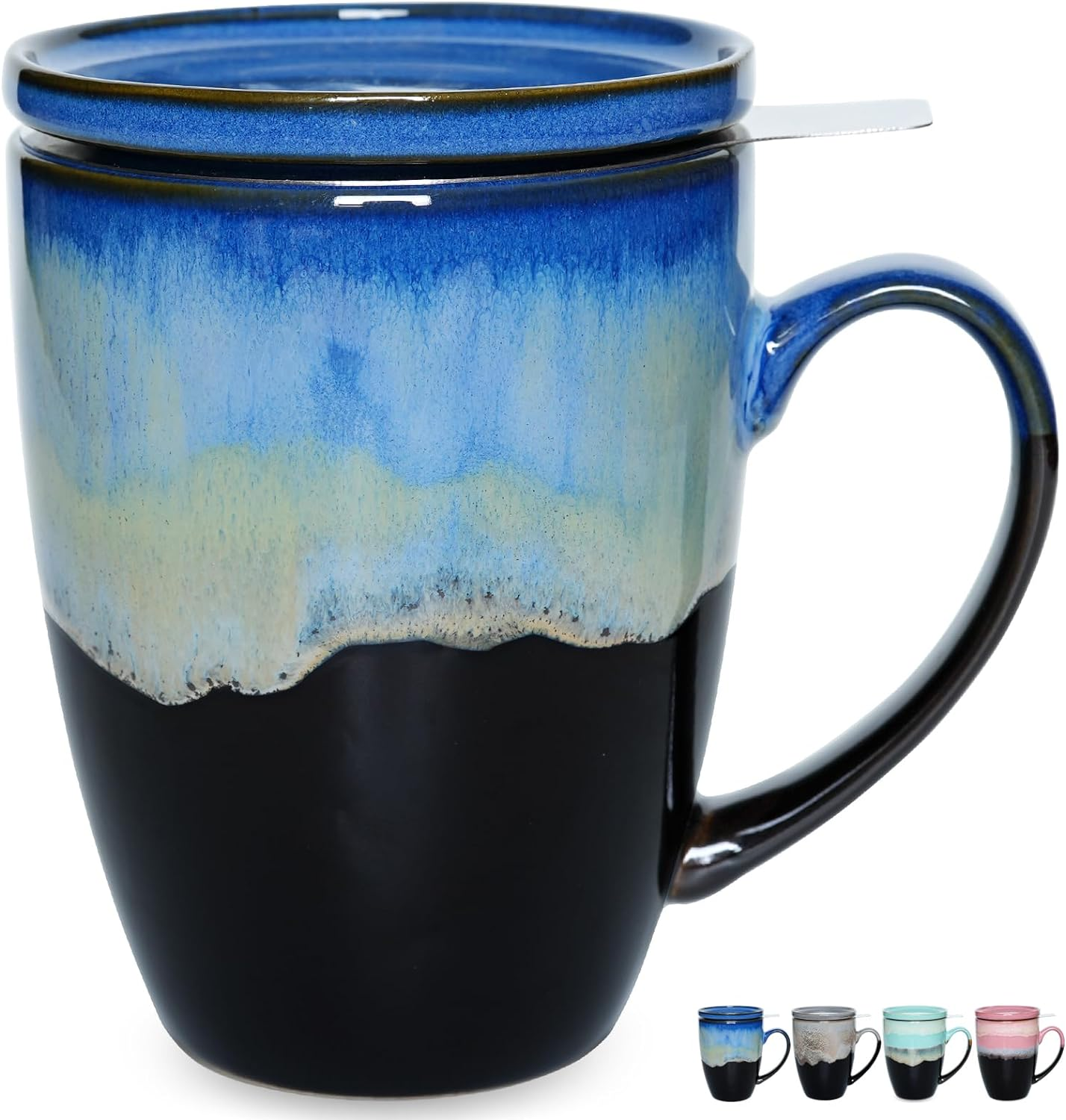 Ceramic Tea Cup with Infuser and Lid, 13.5 Oz, 4 Colors to Choose, Dishwasher an