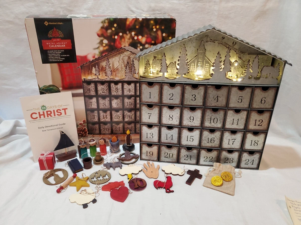 large-pre-lit-metal-advent-calendar-pull-out-drawers-members-mark-with-ornaments-ebay
