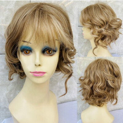 Medium Fluffy Wavy Human Hair Blend Heat Ok Wig Ash Blonde Mix Women Natural Wig