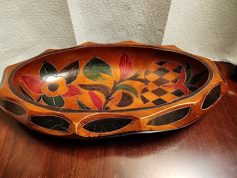 Wood Bowl, Tray, Flower, *Koi *Design,15" X 8" , Vintage Rare,hand Carved 