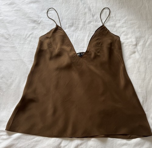 DKNY Silk Cami Top Women 10 Brown Camisole DONNA KARAN Petite Minimalist Classic