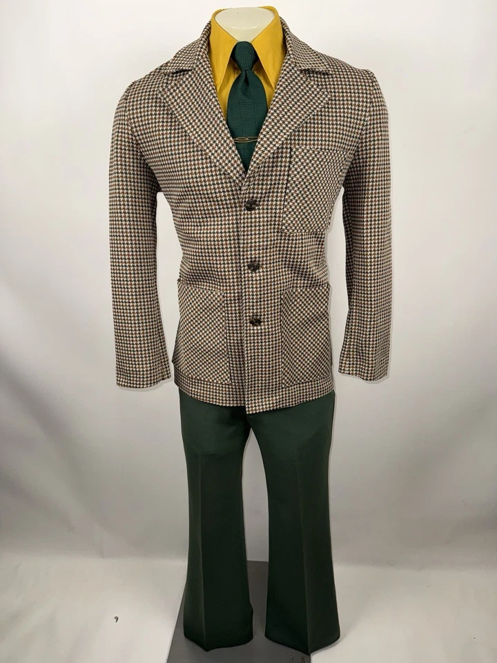 Vtg 60s 70s Leisure Suit Mens 42 Jacket Coat 32 31 Pants Bell Bottom Disco MCM - Image 3 of 4