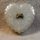 Fenton Iridescent Heart Shape Trinket Jewelry Box with Lid Dish 3D Roses on top