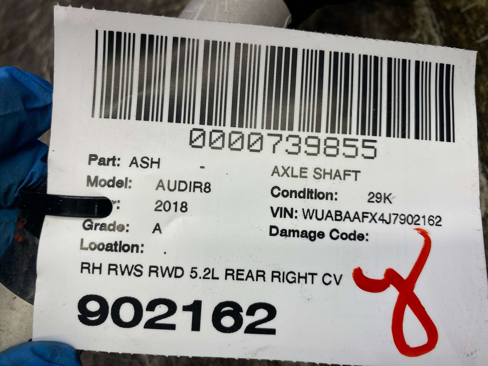Audi R8 2018 REAR+RIGHT Axle shaft P/N 4S0501204B