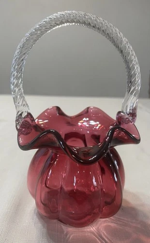 Vintage Fenton Art Glass Melon Style Cranberry Coin Dot Ruffled Handled Basket