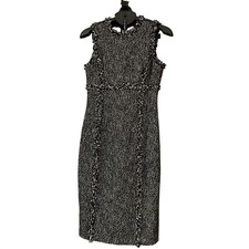 Michael Kors Black Gray White Tweed Fringe Sheath Dress Size 6 Career Office