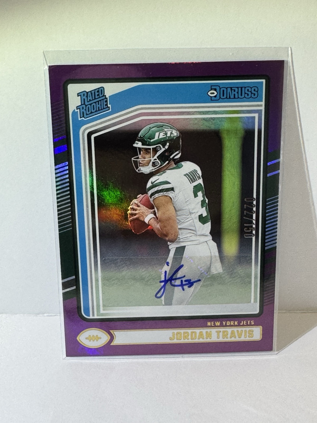Jordan Travis 2024 Donruss Rated Rookie Purple Autograph Auto RC SP /150 Jets