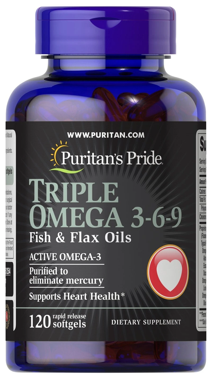 Puritan's Pride Triple Omega 3-6-9 Fish & Flax Oils - 120 Softgels