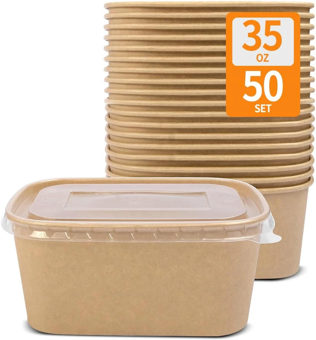 50 Pack 35 Oz Paper Food Containers with Lids, Paper Meal Prep Containers Microw