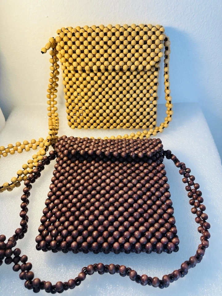 Bolso de hombro vintage con cuentas de madera boho retro amarillo y nogal oscuro Foto 2 de 4