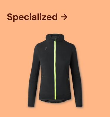 A black zipped hoodie from Specialized featuring a neon yellow zipper down the front