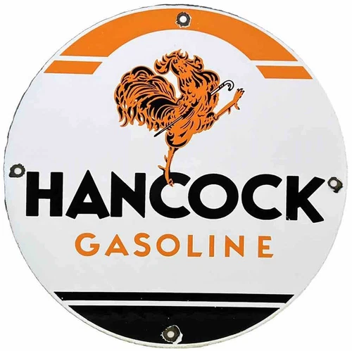 VINTAGE HANCOCK GASOLINE PORCELAIN SIGN DEALERSHIP GAS STATION MOTOR OIL