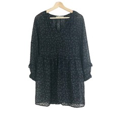Zara Floral Ruffle Shift Dress Pullover Long Sleeves Chiffon Black Sz XS