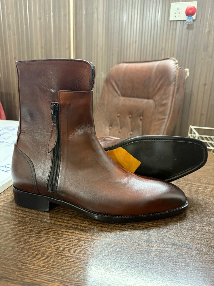 Men's Handmade Designer Genuine Leather Embroidery Zipper Mid Calf Boots