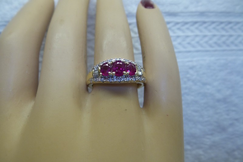 Fine Solid 14kt Genuine 3 Ruby Ring with Natural Diamond Surround