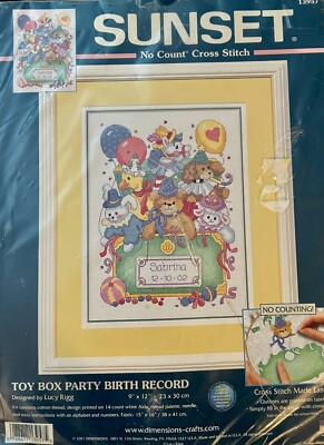 SUNSET NO COUNT CROSS STITCH KIT ''TOY BOX PARTY BIRTH RECORD'' #13957 NIP 2001