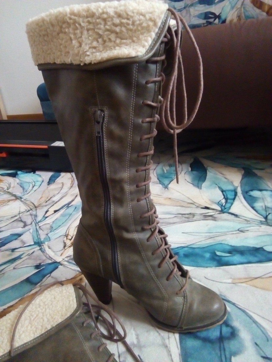 Stivali stringati marrone tortora 37 con eco-montone tacco 8,5 cm e zip