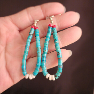 1632 Native American Dangle Earrings of Turquoise Beads w Red & White Beads
