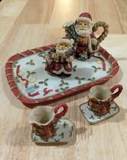 Miniature Tea Set Christmas Holiday Santa Theme Poly Resin Set