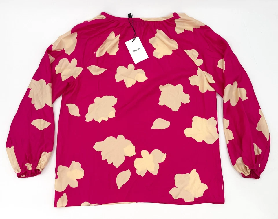 Nueva Camisa Theory Mujer Grande Rosa Floral 100% Seda Blusa Manga Larga Cuello en V Foto 2 de 4