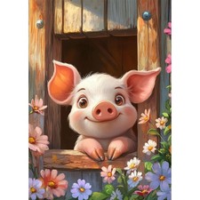 5D Pig Diamonds Painting Kits for Adults, DIY Flowers Cute Pig Round Full Dri...