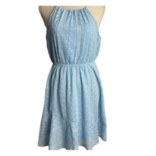 Crystal Doll Dress Womens M Light Blue Eyelet Lace Halter Ruffle Hem Mini Sun