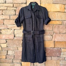 Lauren Ralph Lauren 6 Petite Black Linen Utility Button Front Belted Shirt Dress