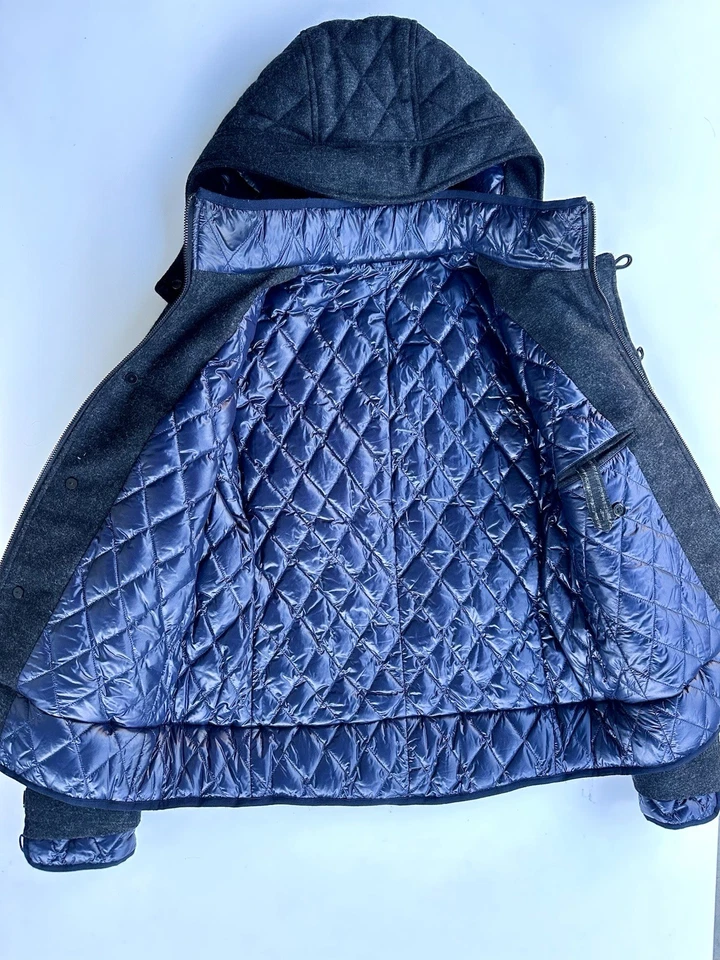 Armani Exchange Down Gray Wool Hooded Puffer Quilted Blue lining Man’s Jacket XS - Image 4 of 4