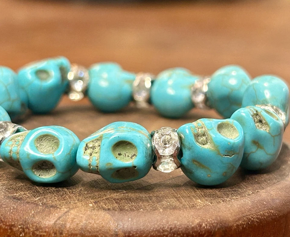 Crystal Skull Stretch Bracelet Turquoise And Rhinestone  - Image 2 of 4