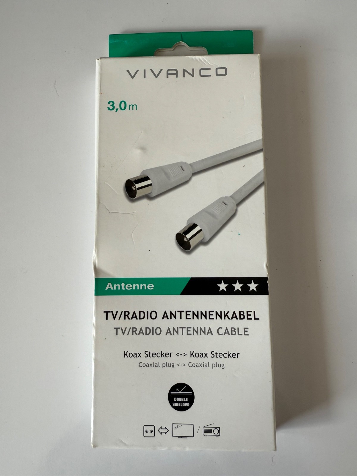 Vivanco Coaxial to Coaxial TV aerial Cable 3m White NEW