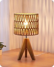 EDISHINE Small Table Lamp, Rattan Wood Tripod Bedside Lamp, Boho Nightstand L...