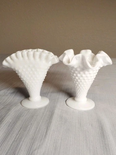 VTG Fenton 4" Mini Vase White Milk Glass Hobnail Ruffled Rim Pedestal Lot Of 2