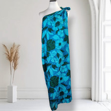 Vintage 60s Sarong Wrap Cover Up One Shoulder Blue Tropical Floral Beach