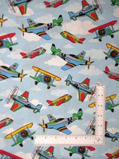 Airplane Planes Clouds Sky Kids Fabric By The Yard Blue Cotton by Santee