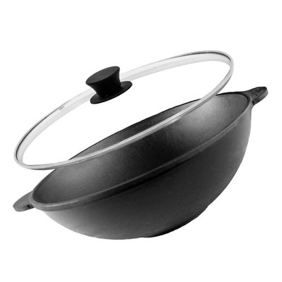 Ø28cm Wok Bratpfanne Gusseisen zwei Griffen Glasdeckel Asia Wokpfanne Induktion