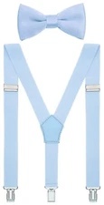 Men's Bow Tie and Suspenders Set Y Shape Adjustable Elastic 47 Inches Light Blue