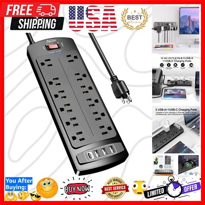 12-Outlet Surge Protector Power Strip with 4 USB Ports - 6ft Heavy Duty Cord