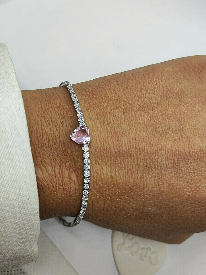 Bracciale donna tennis in argento 925 con cuore zircone rosa  - Immagine 4 di 4