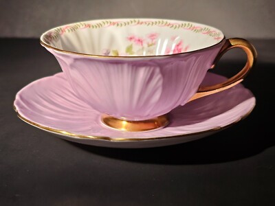 SHELLEY STOCKS OLEANDER SHAPE VIOLET COLOR TEACUP & SAUCER SET 