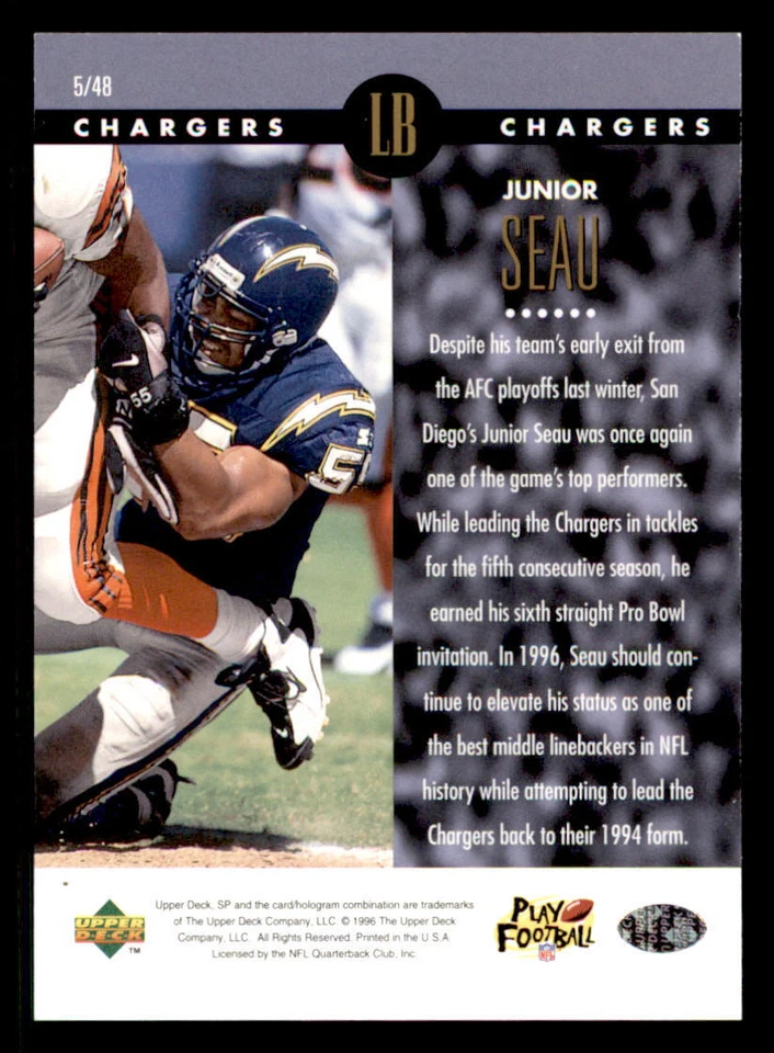 1996 SP Holoviews #5 Junior Seau - Image 2 of 2