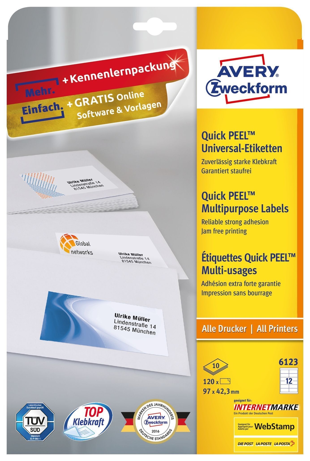 Avery 6123 Universal-Etiketten 97x42,3mm 10 Bogen/120 Etiketten weiß