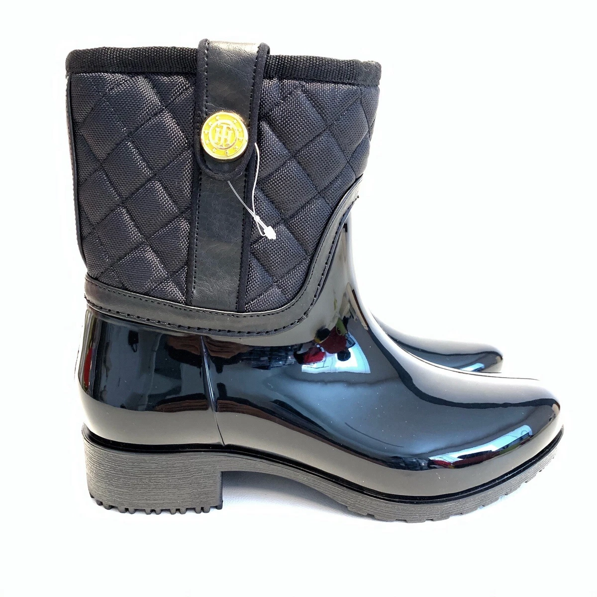 Tommy Hilfiger Women s 6 M Boots Freza Rain Black Quilted Shaft Red Liner NWT
