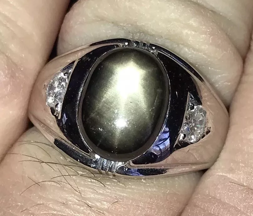 Vintage Men s 9ct Heavy Natural Black Star Sapphire Ring 1 2ct Diamond 14k gold