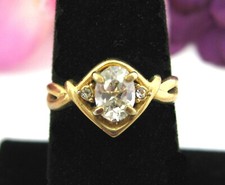 RING Vintage OVAL CUBIC ZIRCONIA Clear CZ Solitaire w/ Accents Goldtone Size 7.5