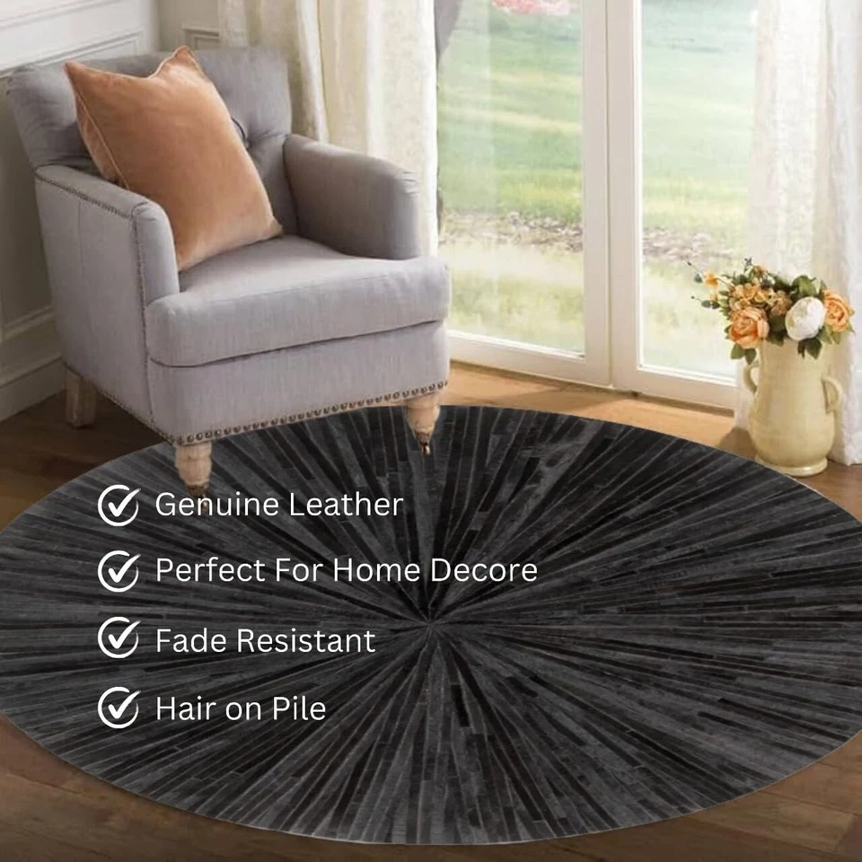 IFRAH Cowhide Black Leather Area Rug, Handcrafted Leather Rugs For Living Room - Image 3 of 4