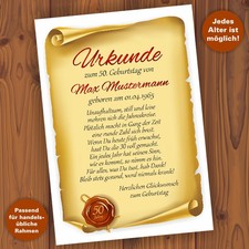 Geburtstagsurkunde 30 40 50 60 70 80 Spruch Geschenk Deko NEU individuell
