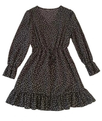 SHEIN Vestito abito nero pois bianchi volant scollo V donna