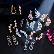 Multicolor Gold Color CZ Ear Cuff Climbing Feather Angle Wing Hook Stud Earrings