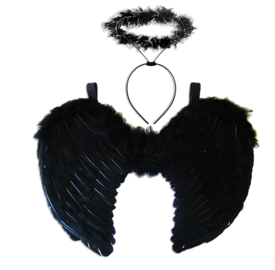 HALLOWEEN NOIR PLUMES AILES HALO DIABLE ANGE FÉE ROBE FANTAISIE COSTUME UNISEXE - Photo 1/1