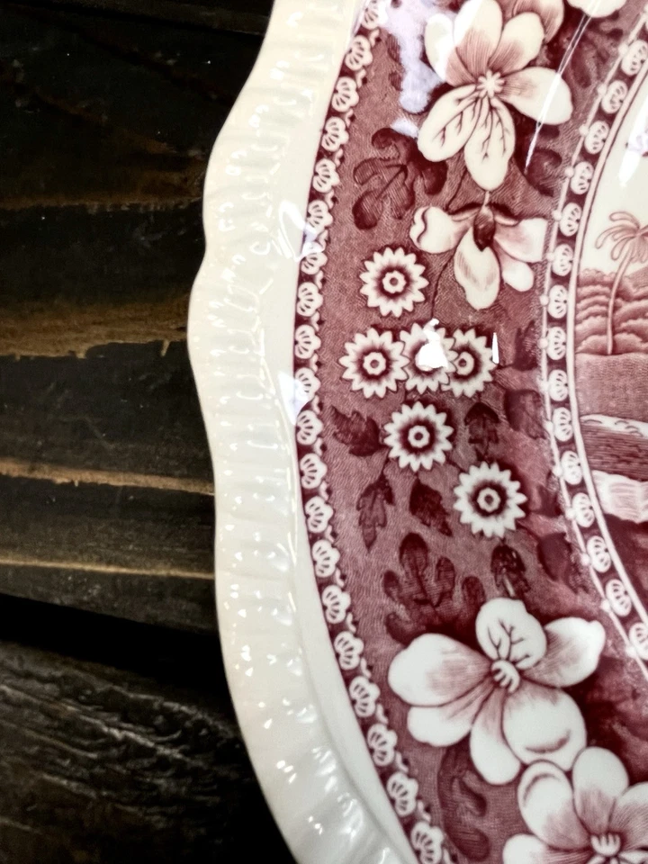 Spode Pink Tower Dinner Plate 10 7/8” Vintage Red Transferware Oval Backstamp - Image 4 of 4